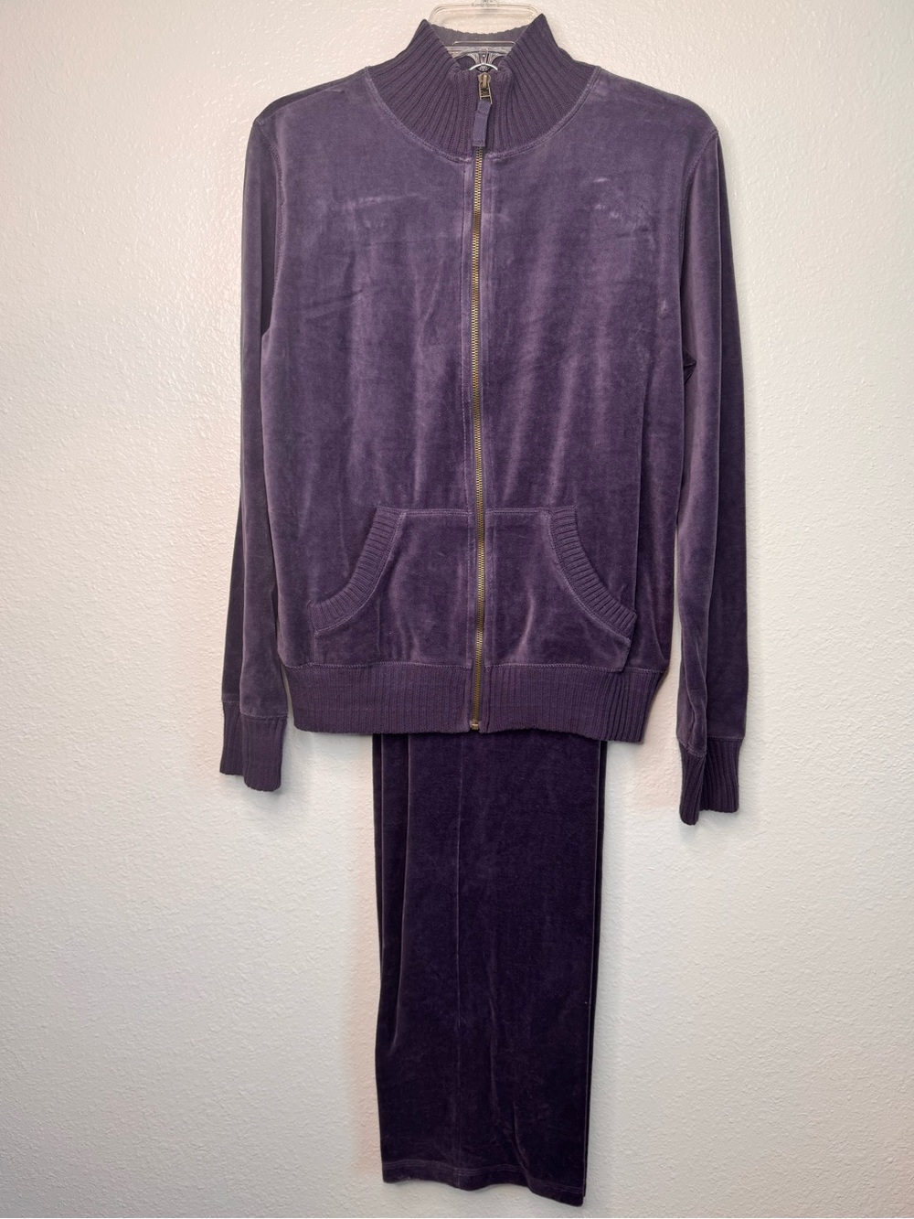 Purple Velour Velvet Y2K Vintage 2000s Tracksuit 2 Pc Wide Leg Jacket merona L